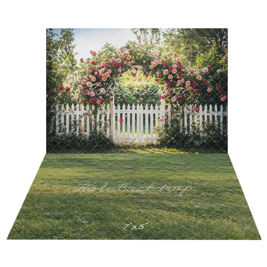 Kate Valentine Flower Arch Garden Fence Backdrop+Green Grass Sunlight Floor Backdrop