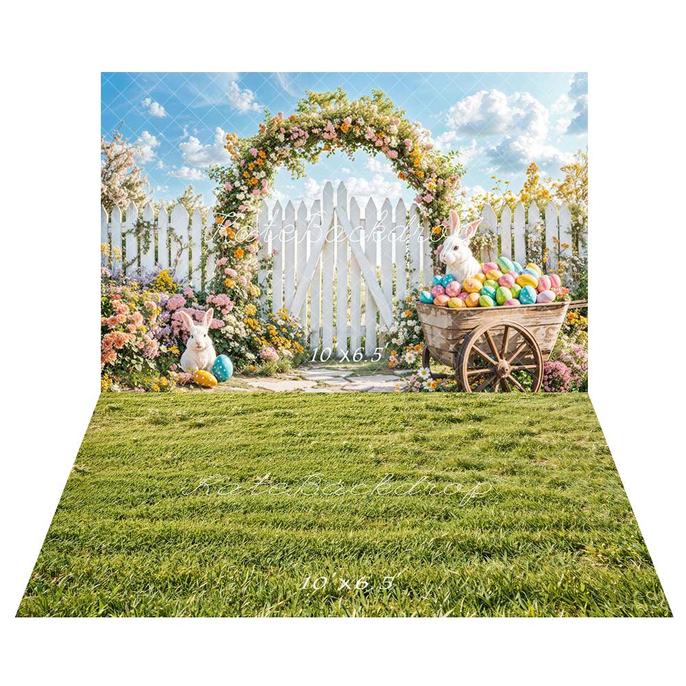 Kate Easter Bunny Flower Arch Fence Backdrop+Spring Green Grass Field Floor Backdrop