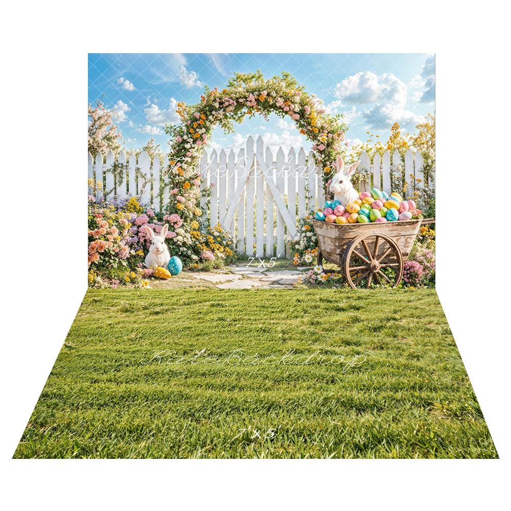 Kate Easter Bunny Flower Arch Fence Backdrop+Spring Green Grass Field Floor Backdrop