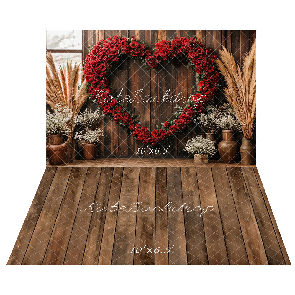 TEST Kate Valentine Heart Rose Rustic Boho Backdrop+Brown Old Wooden Floor Backdrop