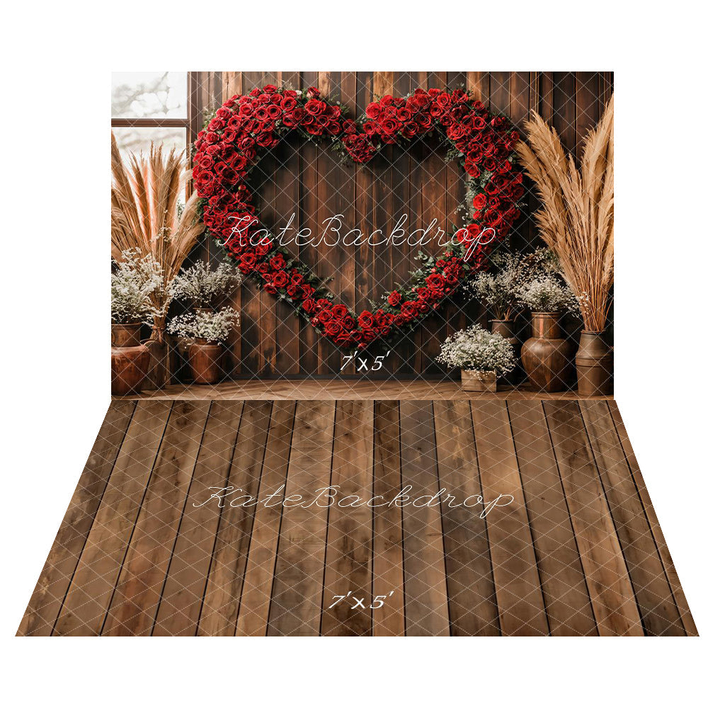 TEST Kate Valentine Heart Rose Rustic Boho Backdrop+Brown Old Wooden Floor Backdrop