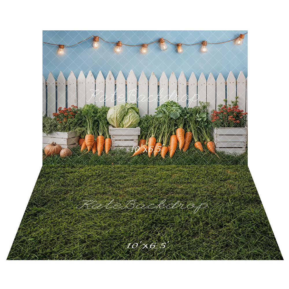 Kate Easter Fence Garden Vegetables Backdrop+Green Grass Lawn Floor Backdrop