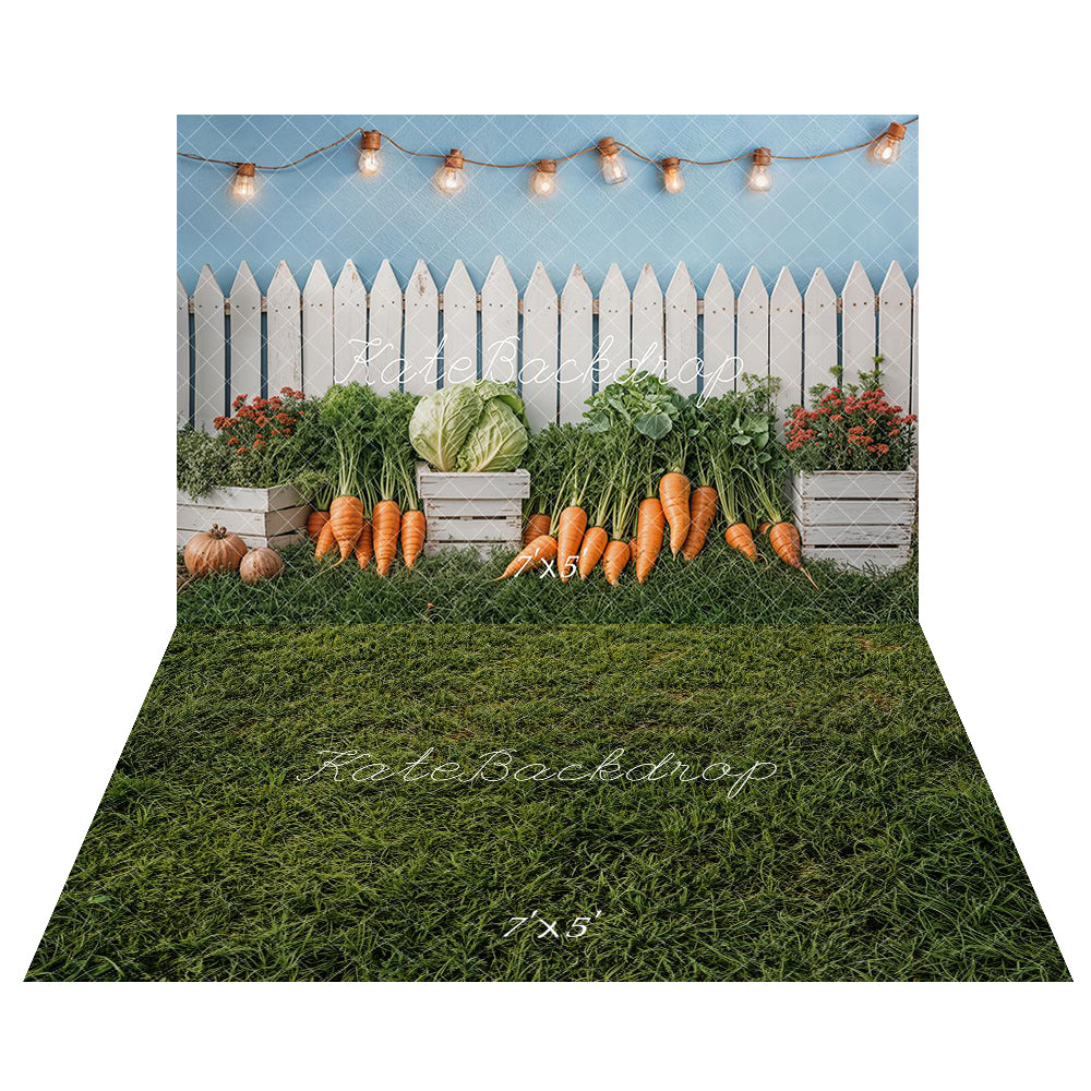 Kate Easter Fence Garden Vegetables Backdrop+Green Grass Lawn Floor Backdrop