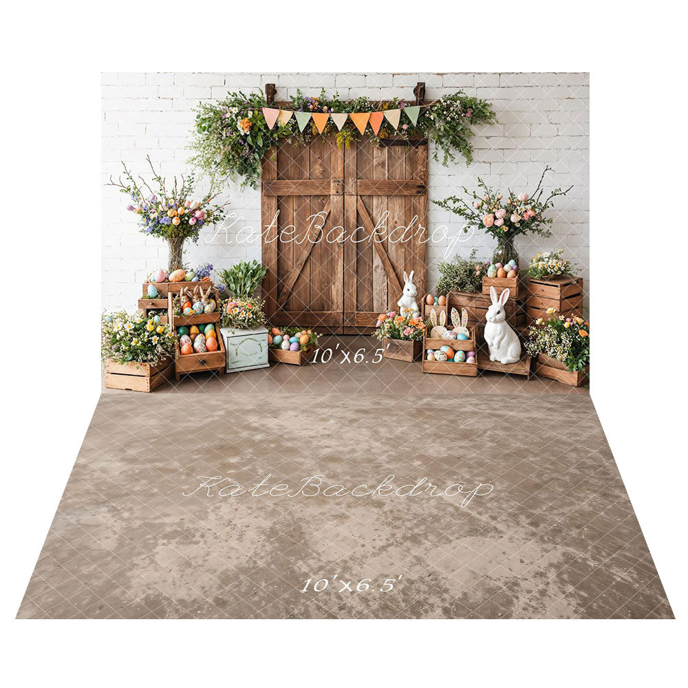 Kate Easter Barn Door Bunny Floral Backdrop+Abstract Light Brown Beige Floor Backdrop