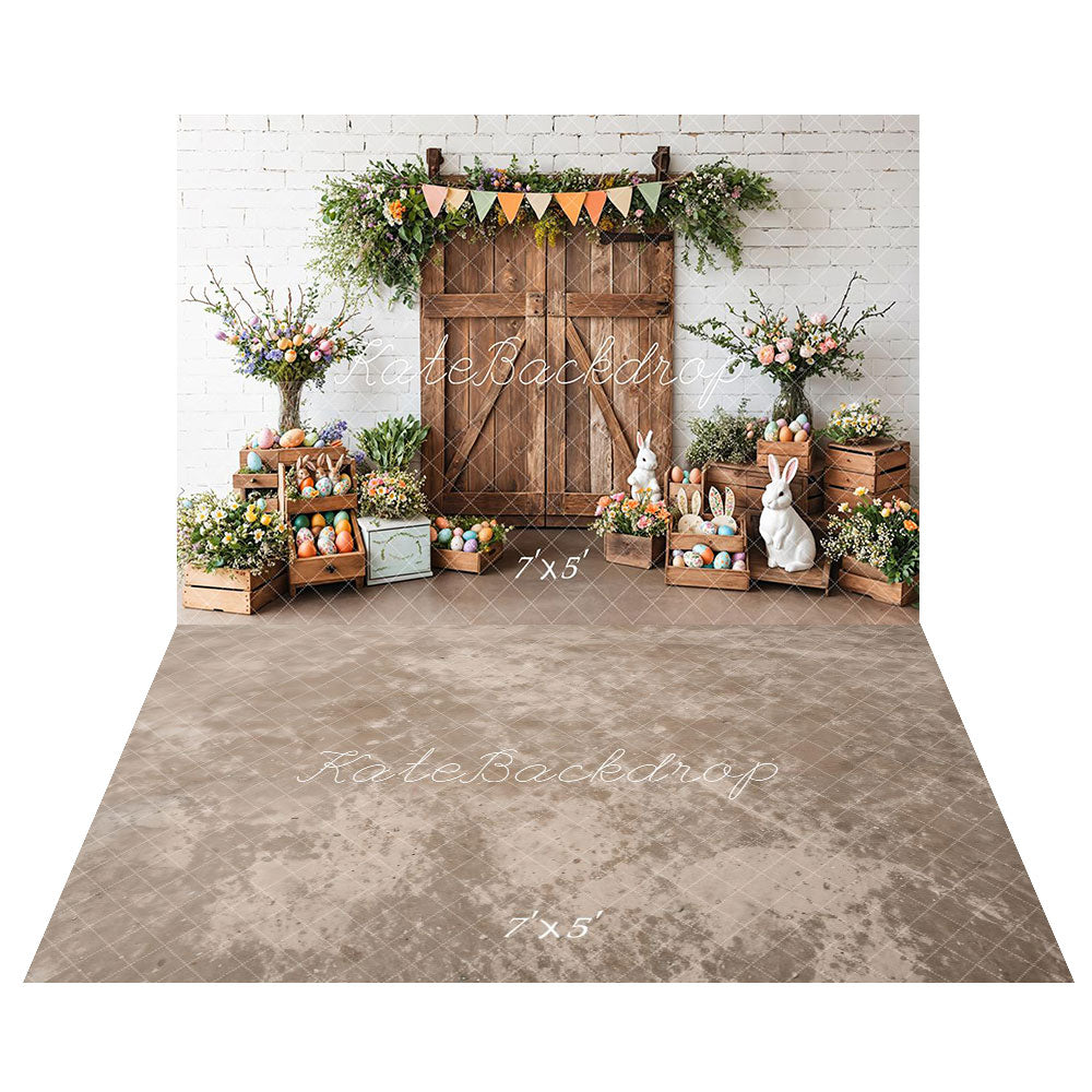 Kate Easter Barn Door Bunny Floral Backdrop+Abstract Light Brown Beige Floor Backdrop