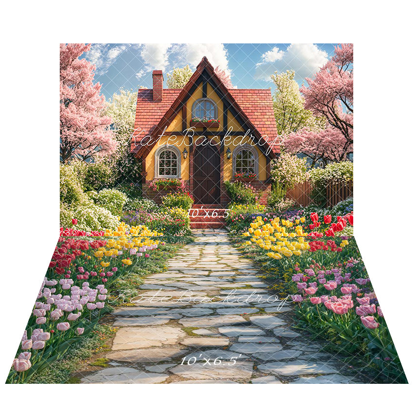 TEST Kate Spring Cottage Garden Flowers Backdrop+Spring Tulip Garden Path Floor Backdrop