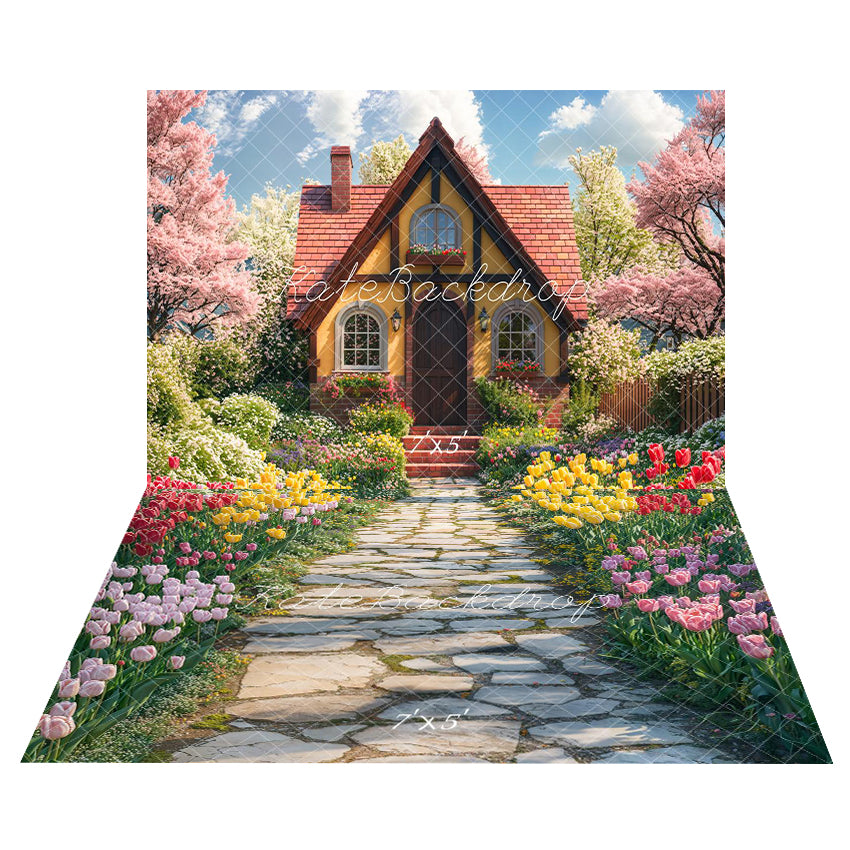 TEST Kate Spring Cottage Garden Flowers Backdrop+Spring Tulip Garden Path Floor Backdrop