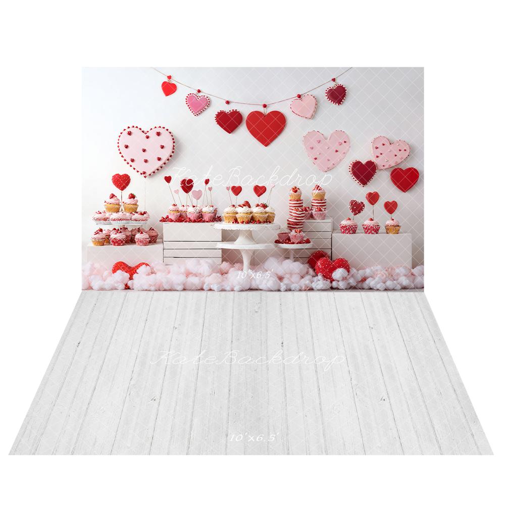 Kate Valentine Heart Dessert Cupcake Backdrop+White Gray Wood Floor Backdrop