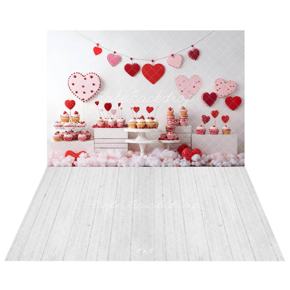 TEST Kate Valentine Heart Dessert Cupcake Backdrop+White Gray Wood Floor Backdrop