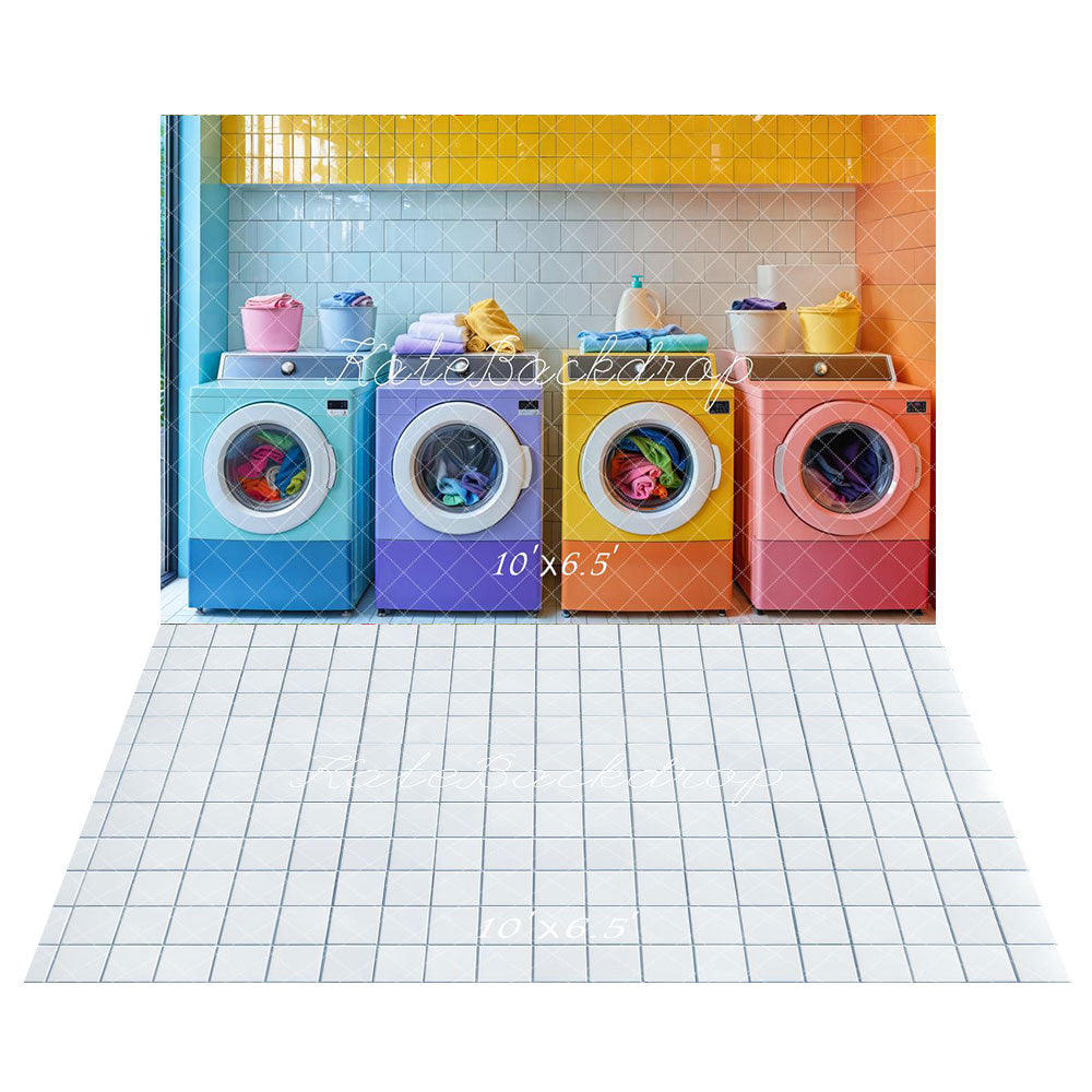 Kate Colorful Laundry Room Backdrop+Light Blue Grid Tile Floor Backdrop