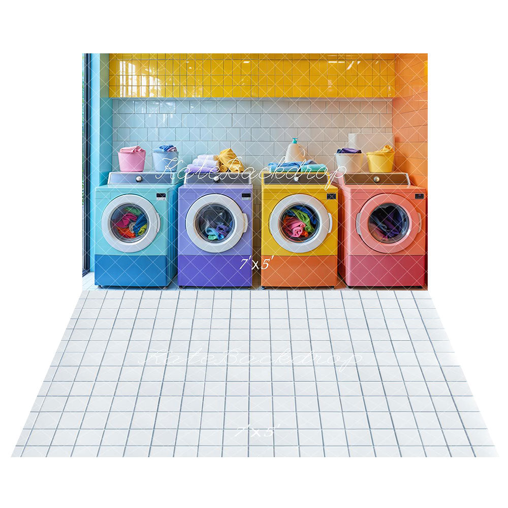 Kate Colorful Laundry Room Backdrop+Light Blue Grid Tile Floor Backdrop