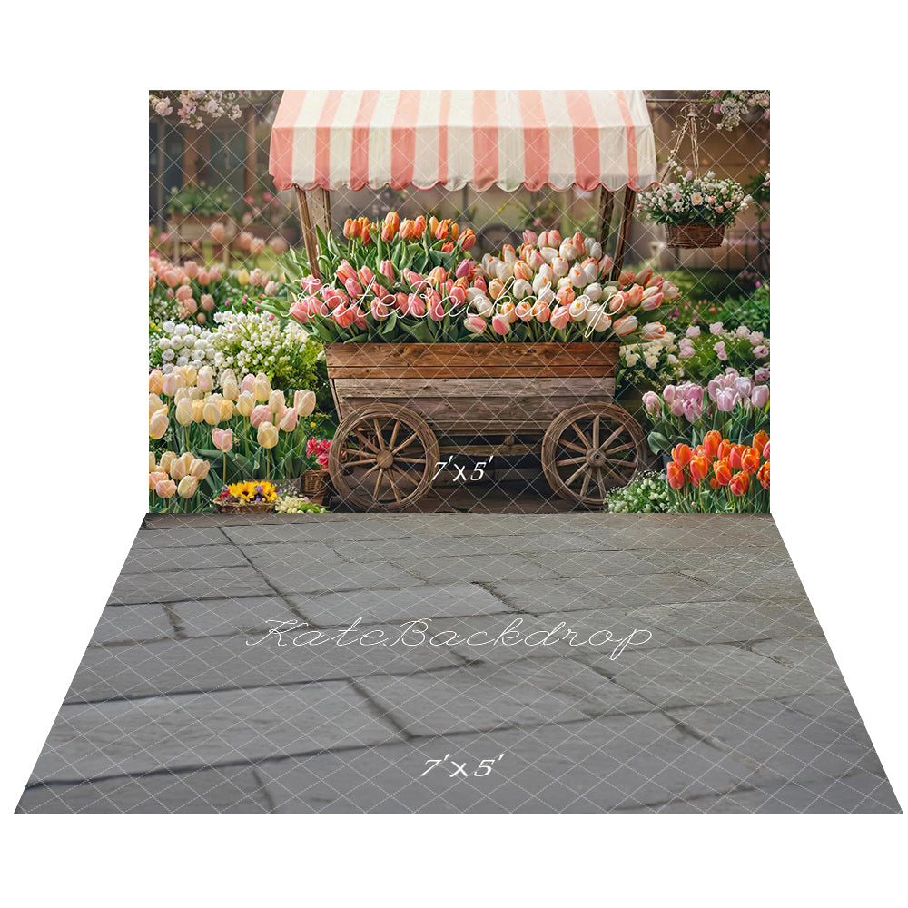 Kate Spring Flower Cart Tulips Garden Backdrop+Stone Brick Gray Floor Backdrop