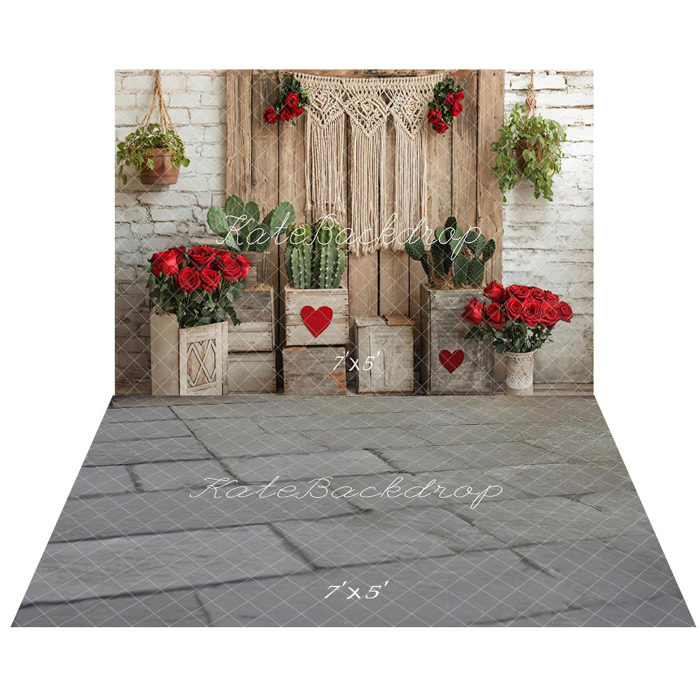 Kate Valentine Boho Floral Cactus Rustic Backdrop+Stone Brick Gray Floor Backdrop