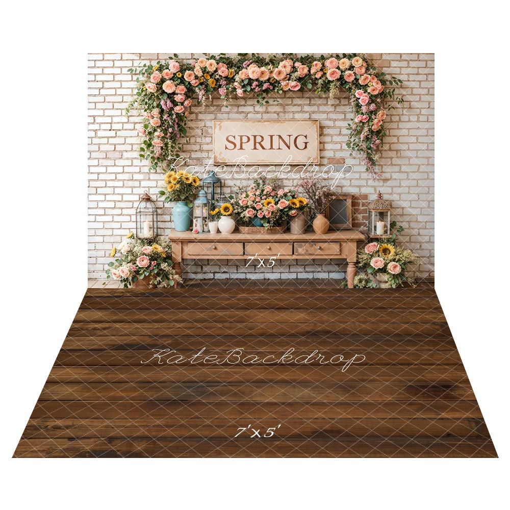 Kate Spring Floral Vintage Brick Wall Backdrop+Brown Wooden Floor Backdrop