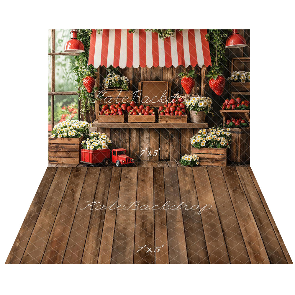 Kate Spring Strawberry Market Floral Wood Backdrop+Brown Old Wooden Floor Backdrop