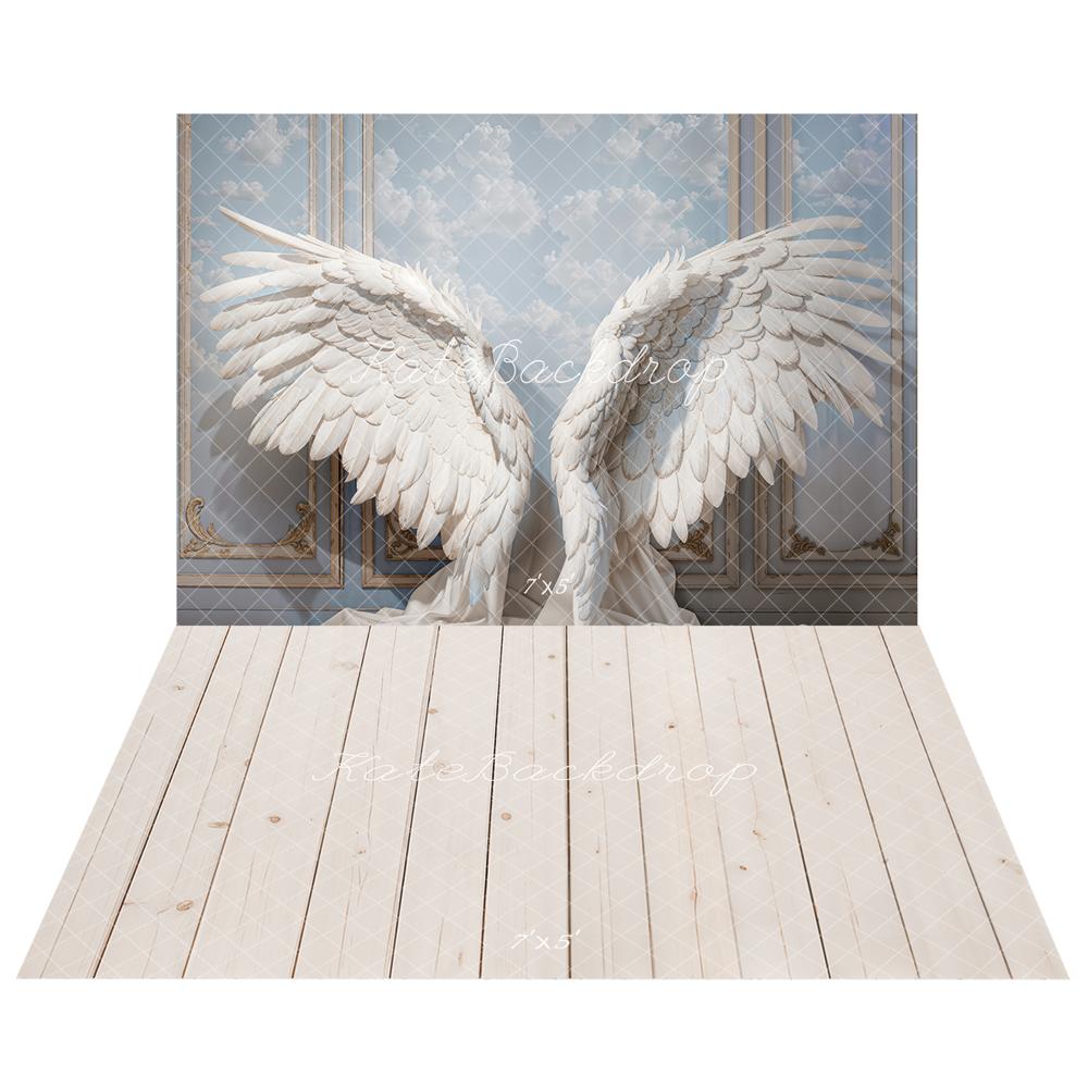 Kate Fantasy Angel Wings Vintage Wall Backdrop+Beige Wood Plank Floor Backdrop