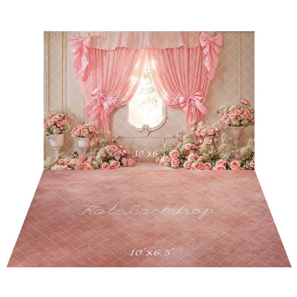 Kate Cake Smash Pink Floral Curtain Bow Backdrop+Pink and White Gradient Floor Backdrop