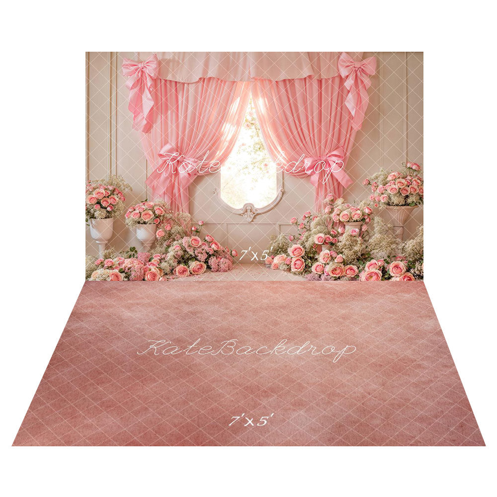 Kate Cake Smash Pink Floral Curtain Bow Backdrop+Pink and White Gradient Floor Backdrop