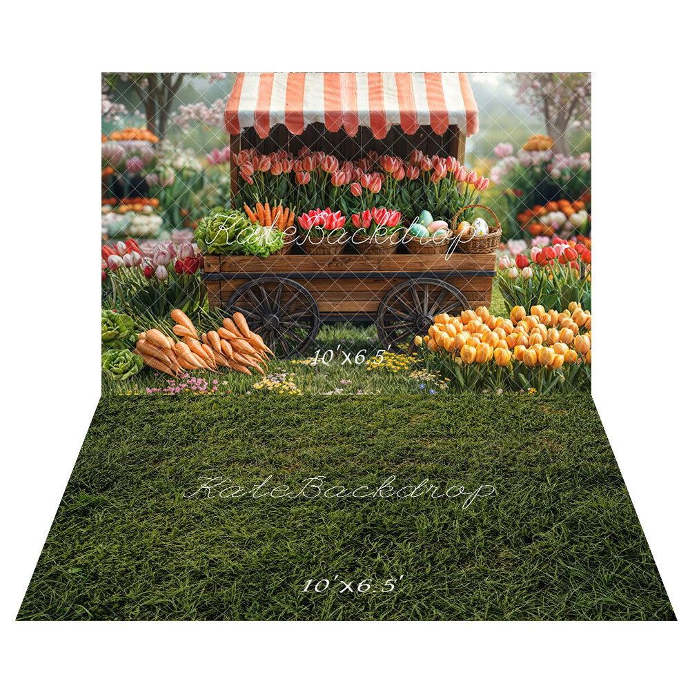 Kate Spring Flower Market Tulips Carrots Backdrop+Green Grass Lawn Floor Backdrop