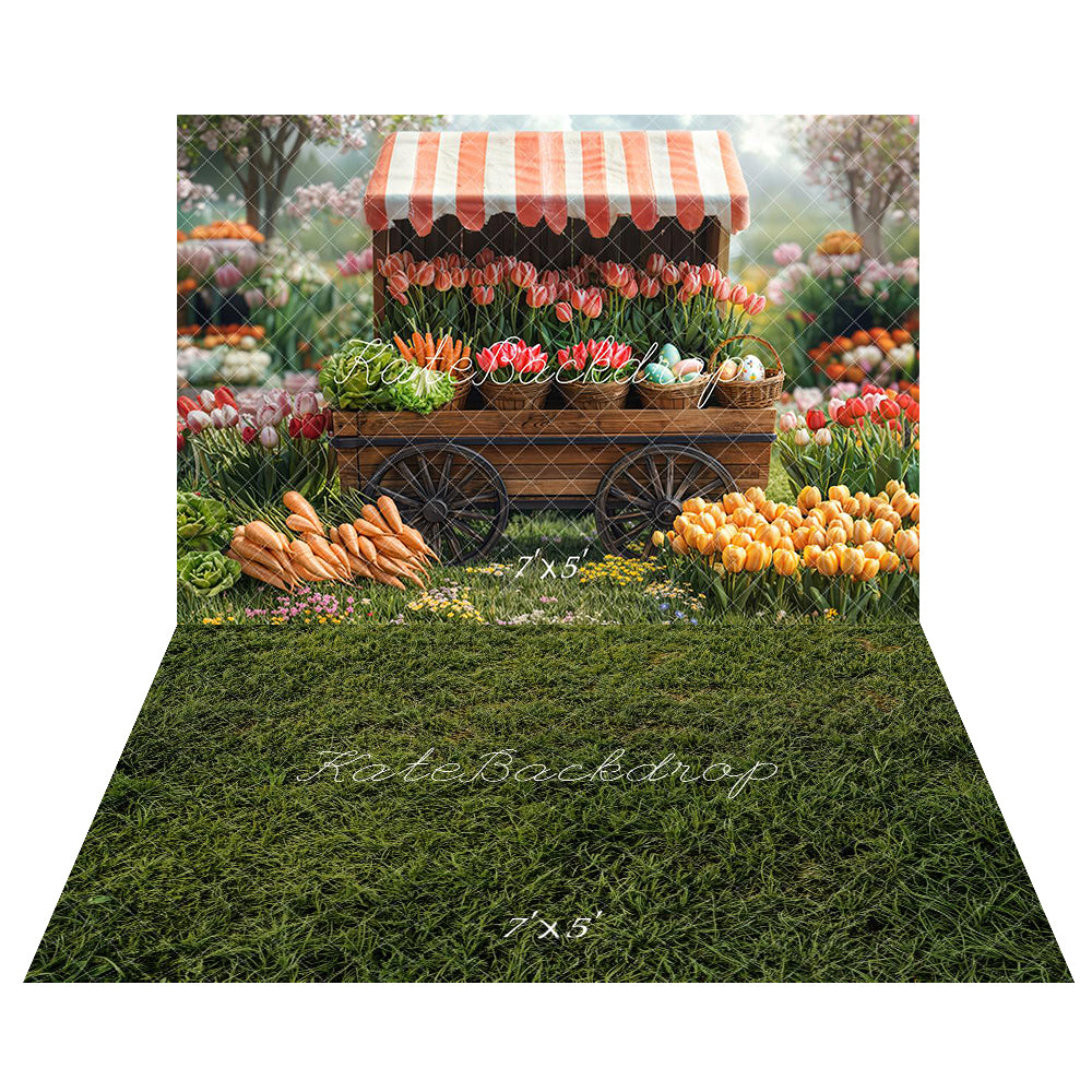 Kate Spring Flower Market Tulips Carrots Backdrop+Green Grass Lawn Floor Backdrop