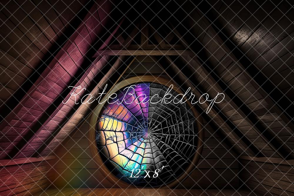 Spaventoso Halloween Attic Dorm Room Colorful Spiderweb Window Backdrop Progettato da Mini MakeBelieve