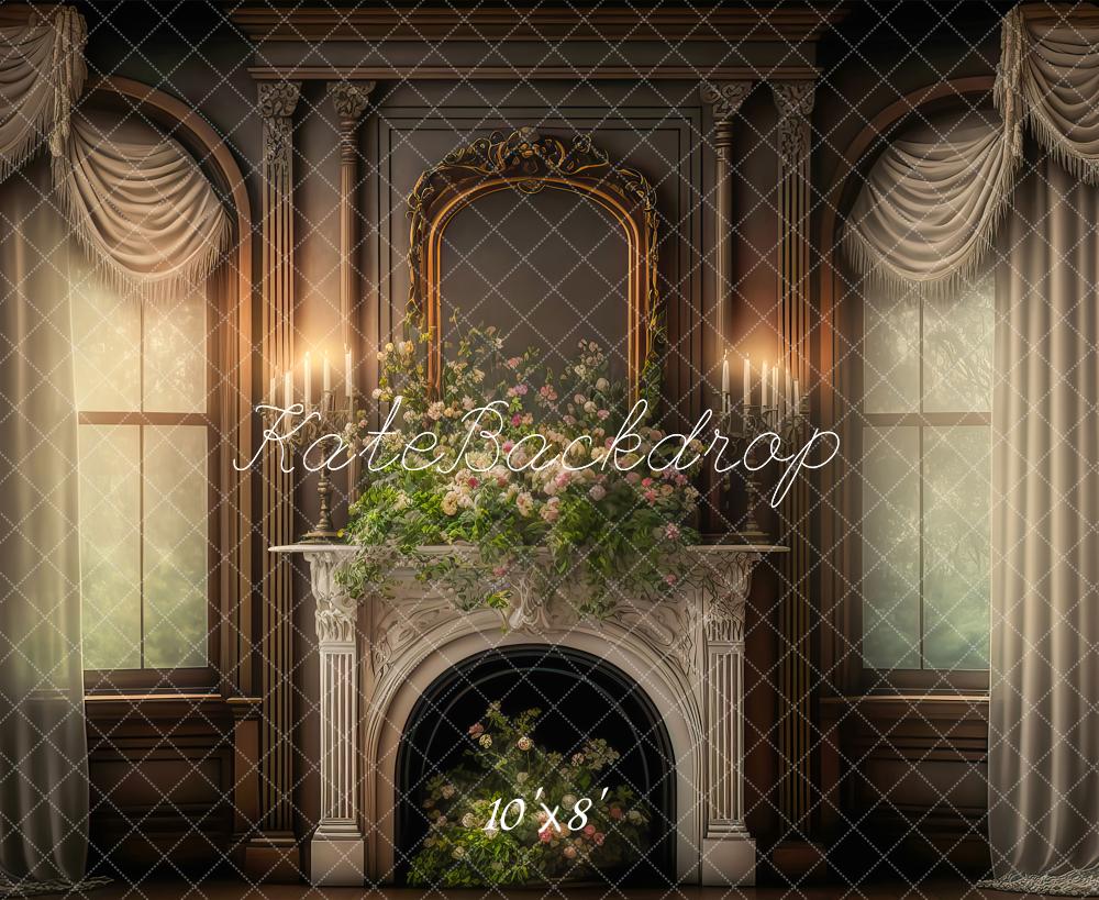 Retro Wall Spring Warm Victorian Manor Castle Stage Window Fireplace Backdrop Ontworpen door Candice Compton