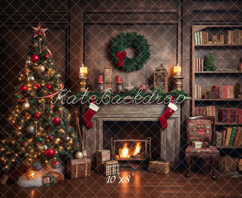 Retro Kerstboom Openhaard Kerstman Warm Huis Boek Achtergrond voor Fotografie