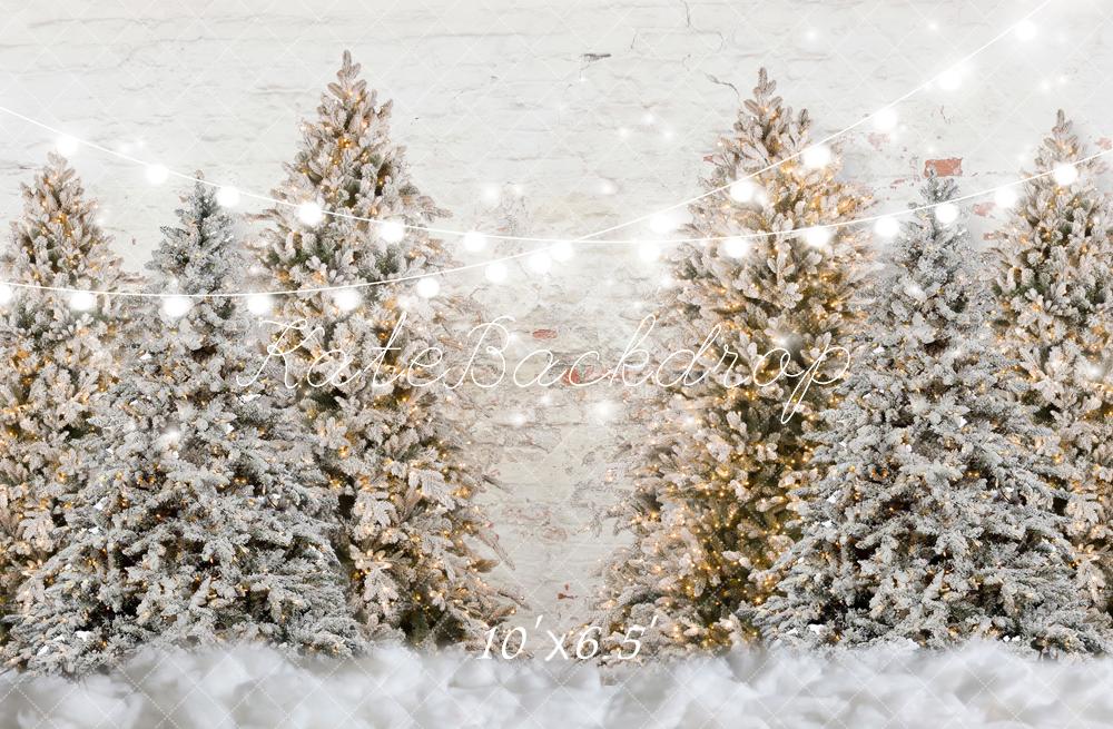 Kerstbomen besneeuwde tuinmuur achtergrond voor fotografie