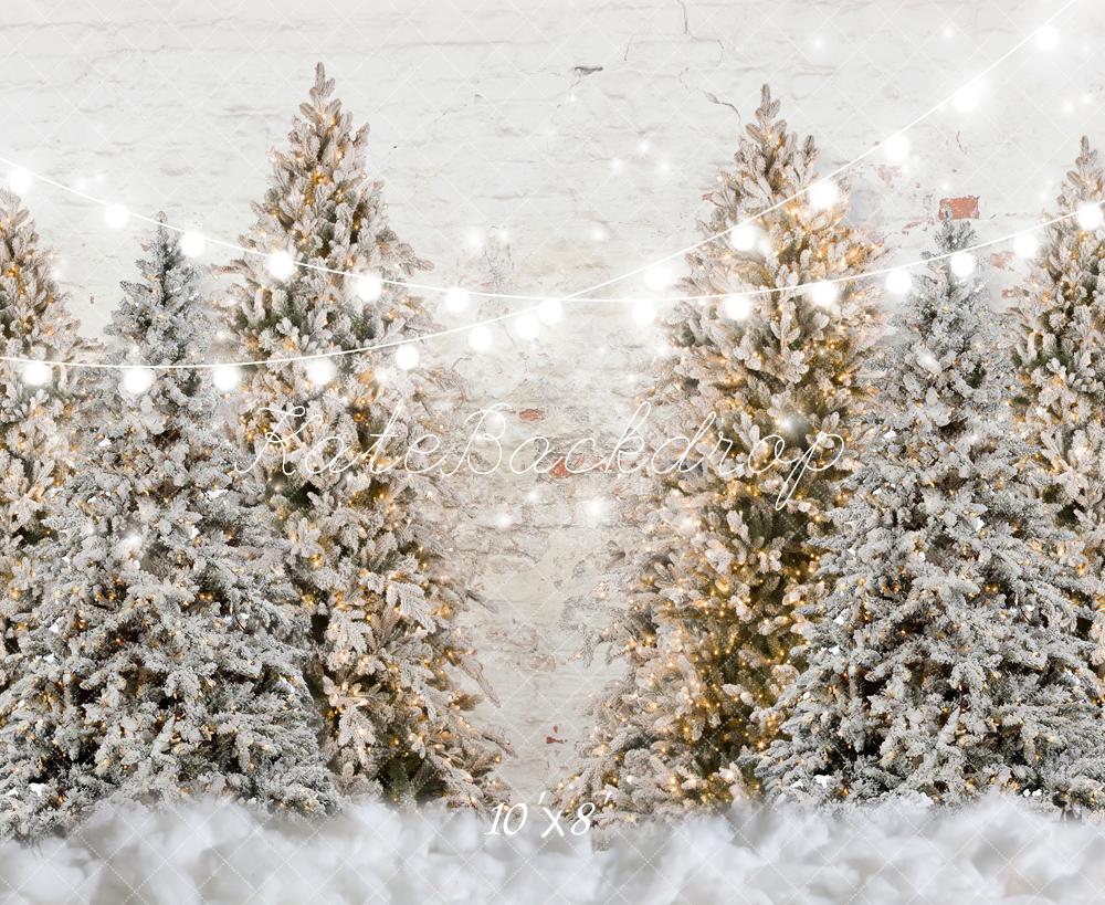 Kerstbomen besneeuwde tuinmuur achtergrond voor fotografie