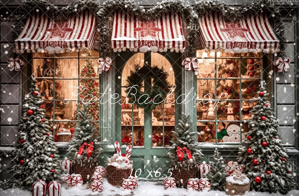 Kerstcadeauwinkel in Sneeuwachtergrond voor Fotografie