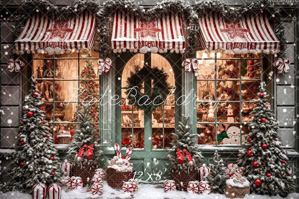 Kerstcadeauwinkel in Sneeuwachtergrond voor Fotografie