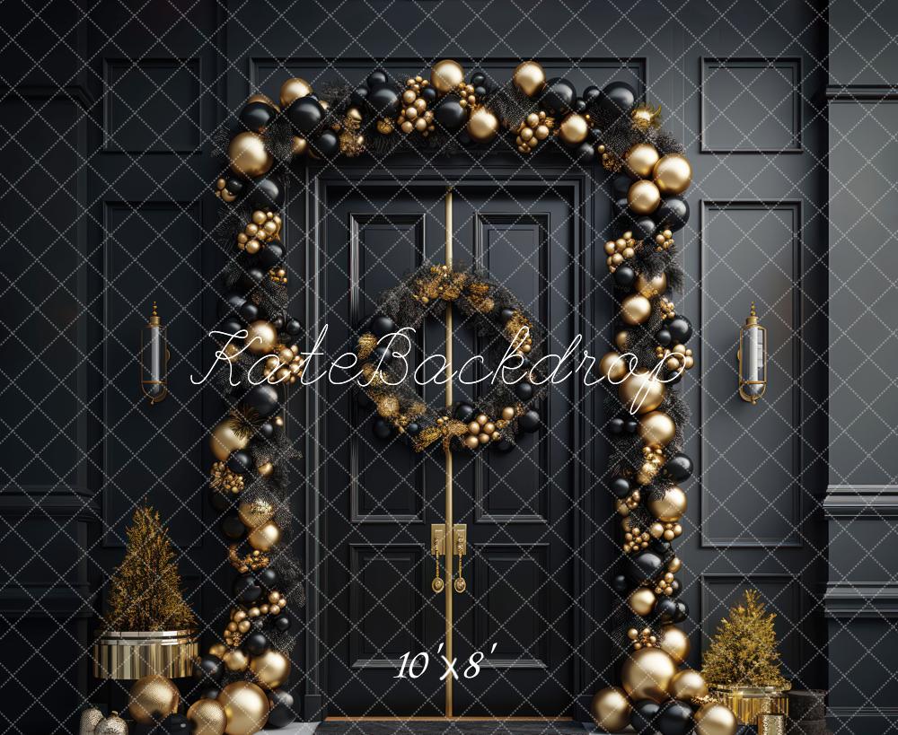 Elegante Zwarte en Gouden Kerst Voordeur Achtergrond Ontworpen door Mandy Ringe Fotografie