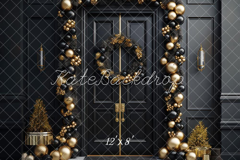 Kate Elegant Black and Gold Christmas Front Door Backdrop Designed by