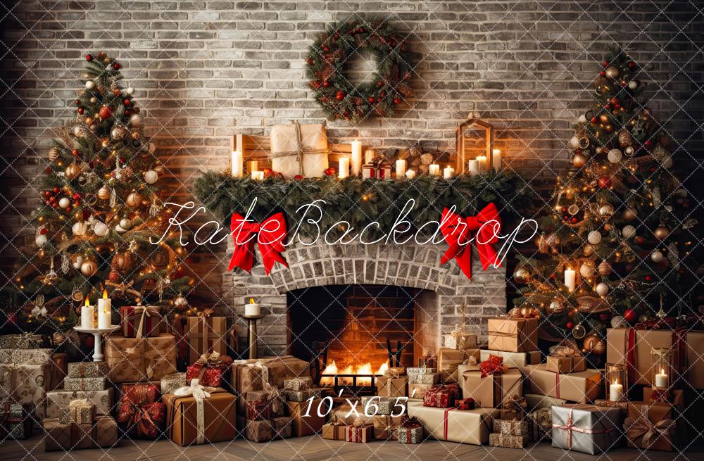 Kate Christmas Rustic Brick Fireplace and Trees Winter Backdrop Designed by Mini MakeBelieve