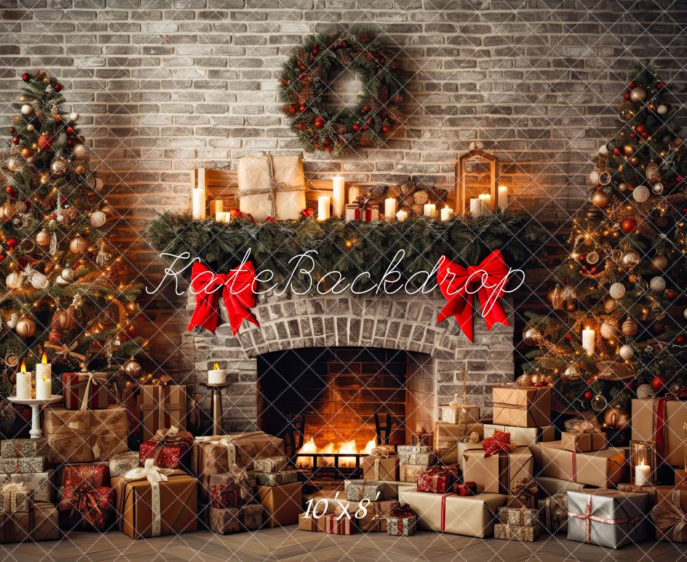 Kate Christmas Rustic Brick Fireplace and Trees Winter Backdrop Designed by Mini MakeBelieve
