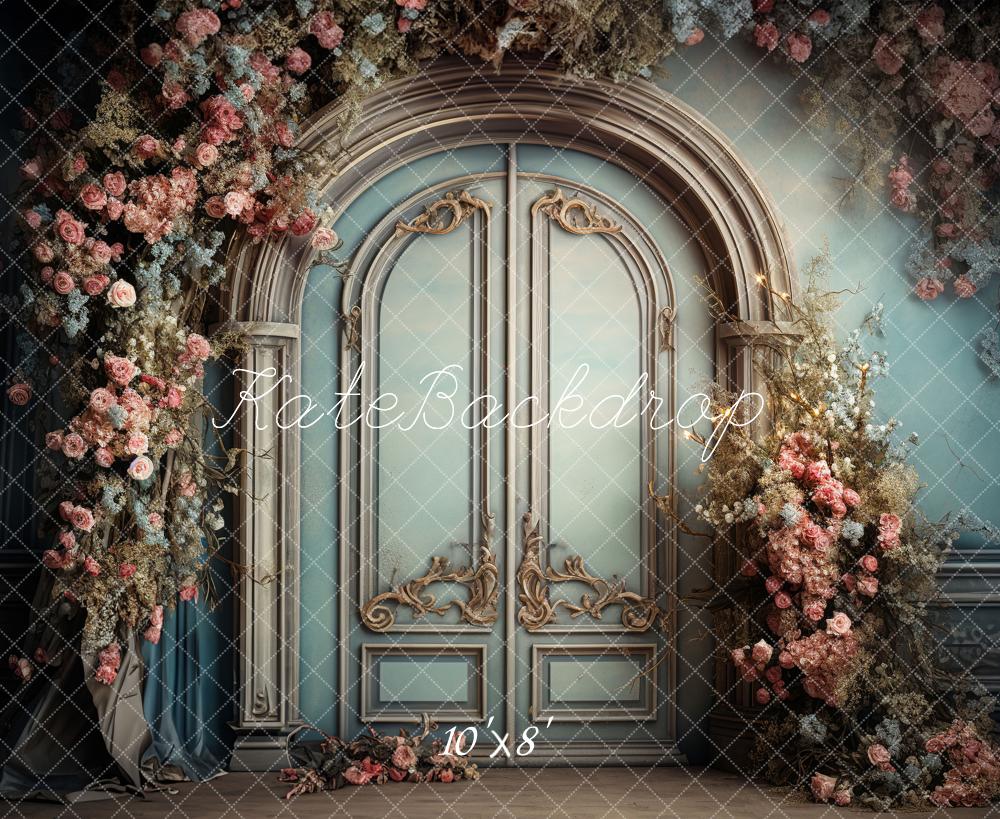 Blauwe deur roze bloemen boogachtergrond ontworpen door Emetselch