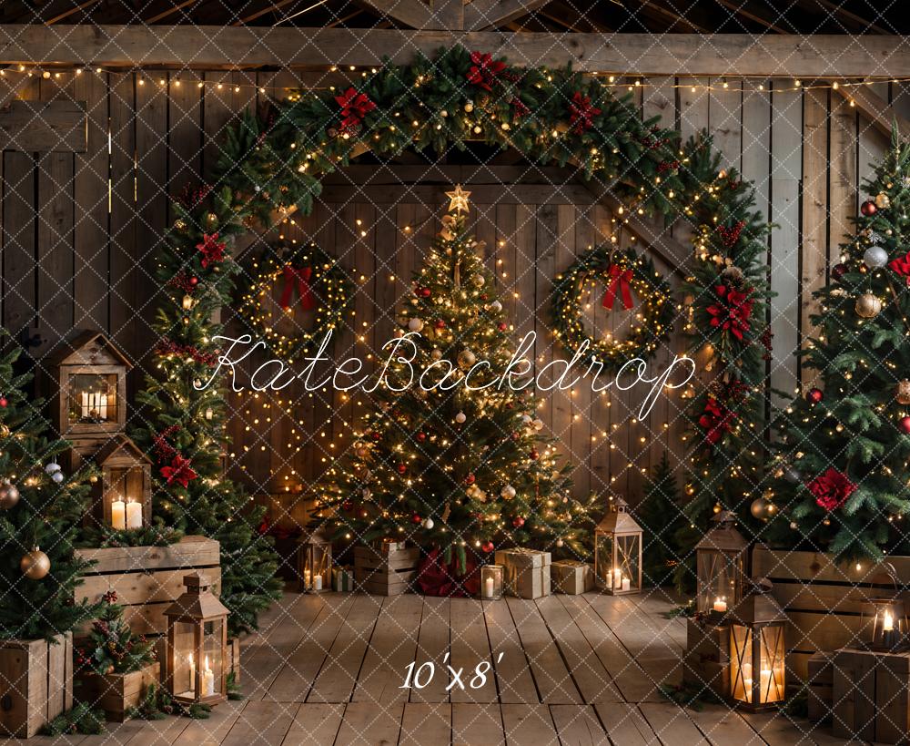 Kate Christmas Night Dark Brown Wooden Arched Barn Door Backdrop Designed by Chain Photography