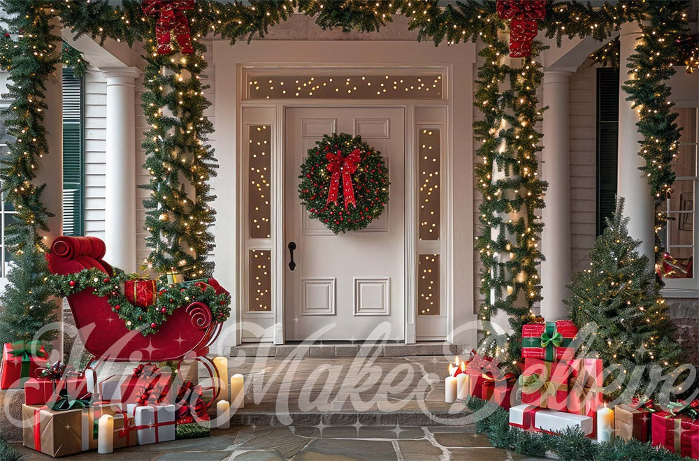 Kate Christmas Sleigh White Retro House Backdrop Designed by Mini MakeBelieve