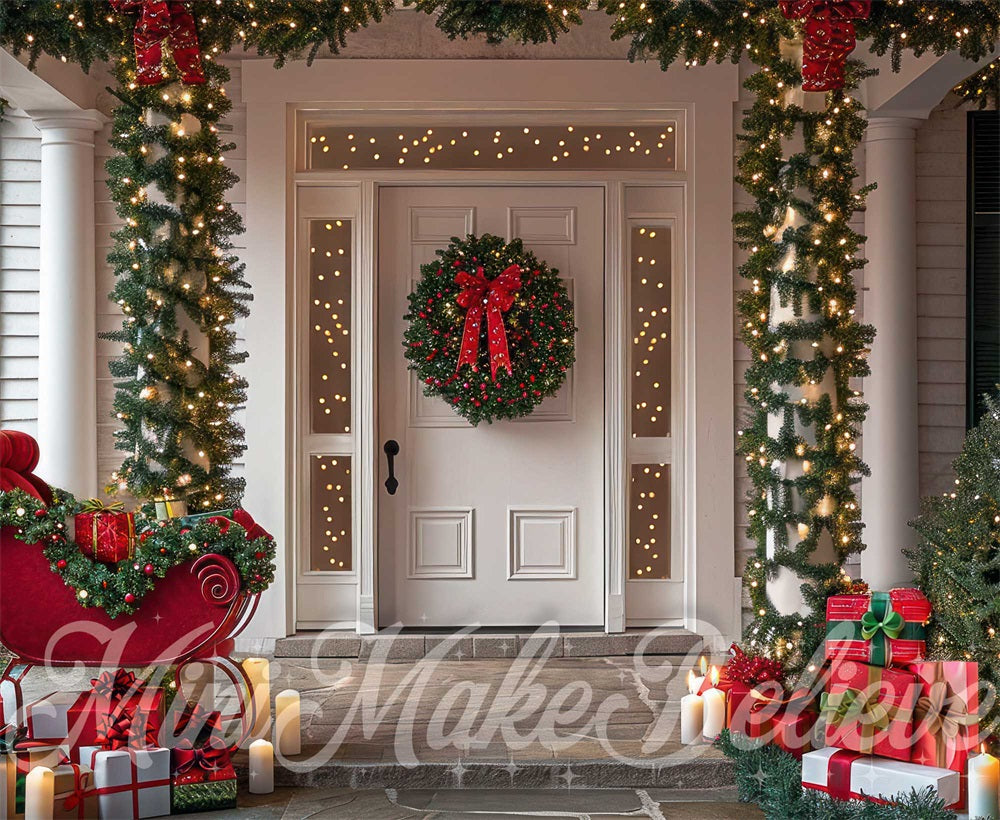 Kate Christmas Sleigh White Retro House Backdrop Designed by Mini MakeBelieve