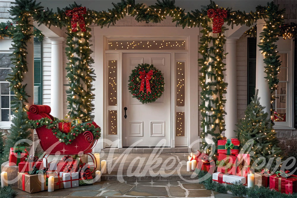 Kate Christmas Sleigh White Retro House Backdrop Designed by Mini MakeBelieve