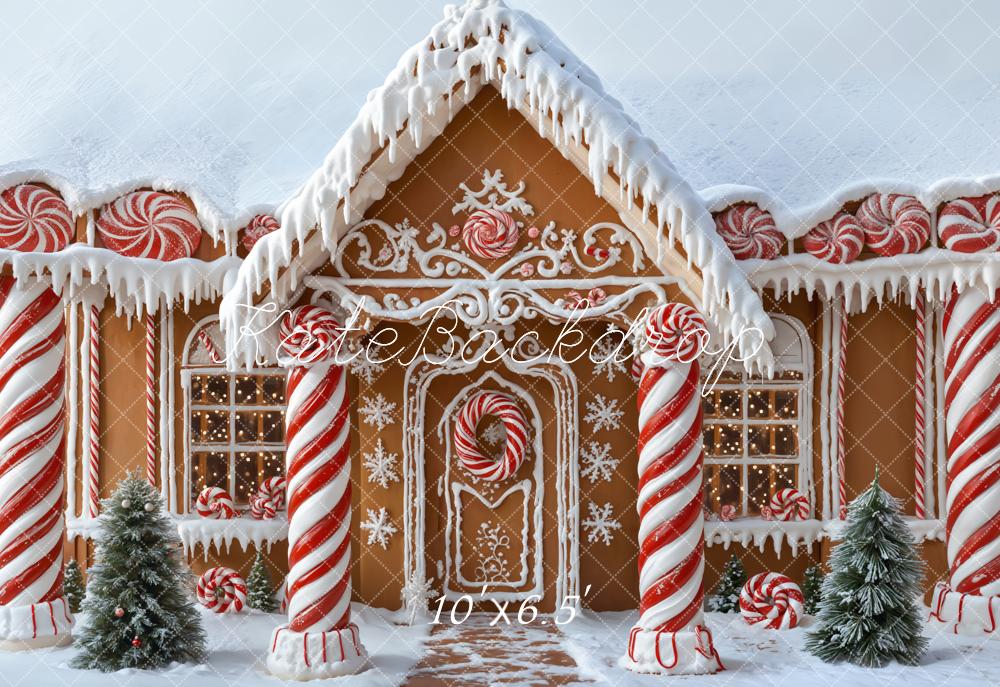 Kerstman Gingerbread Huis Snoepstokjes Sneeuw Foto Achtergrond Designed by Emetselch