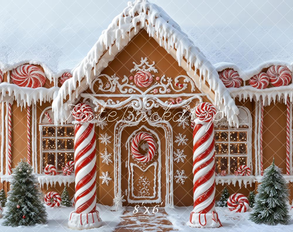 Kerstman Gingerbread Huis Snoepstokjes Sneeuw Foto Achtergrond Designed by Emetselch