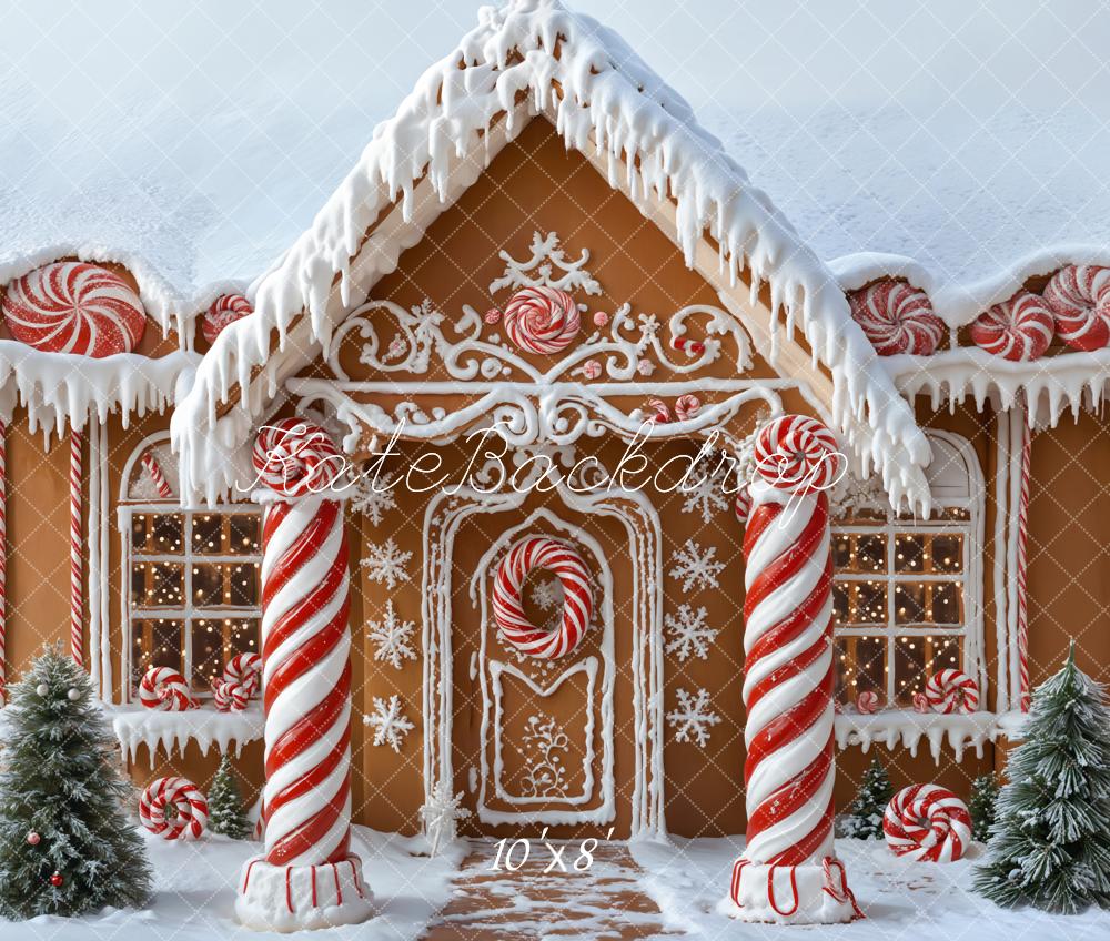 Kerstman Gingerbread Huis Snoepstokjes Sneeuw Foto Achtergrond Designed by Emetselch