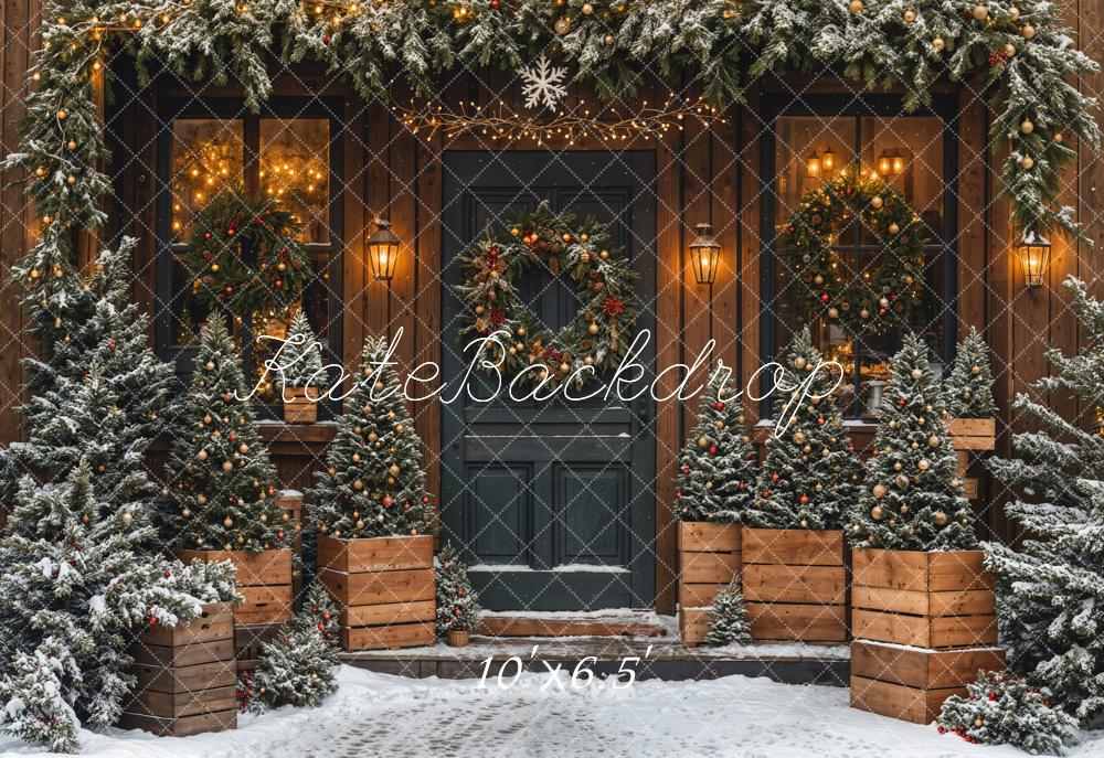 Fondo de Cabaña de Madera de Árbol de Navidad Puerta Negra Diseñado por Emetselch