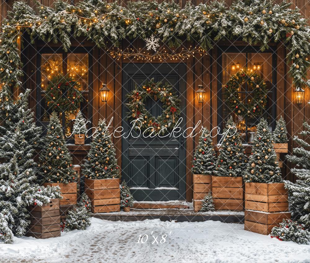 Fondo de Cabaña de Madera de Árbol de Navidad Puerta Negra Diseñado por Emetselch