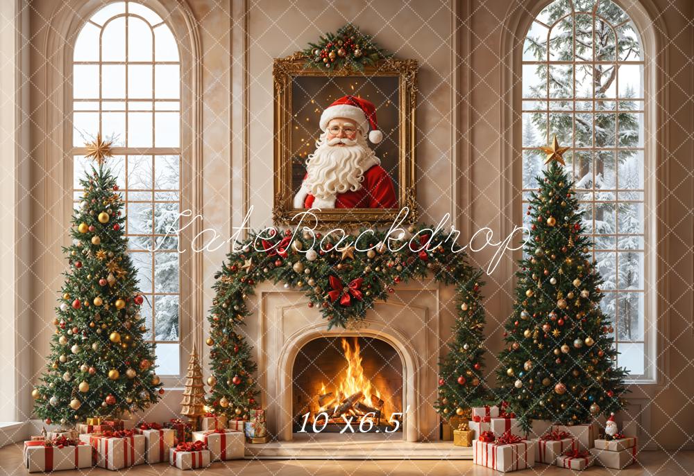 Kate Christmas Tree Fireplace Santa Claus Portrait Vintage Window Backdrop Designed by Emetselch