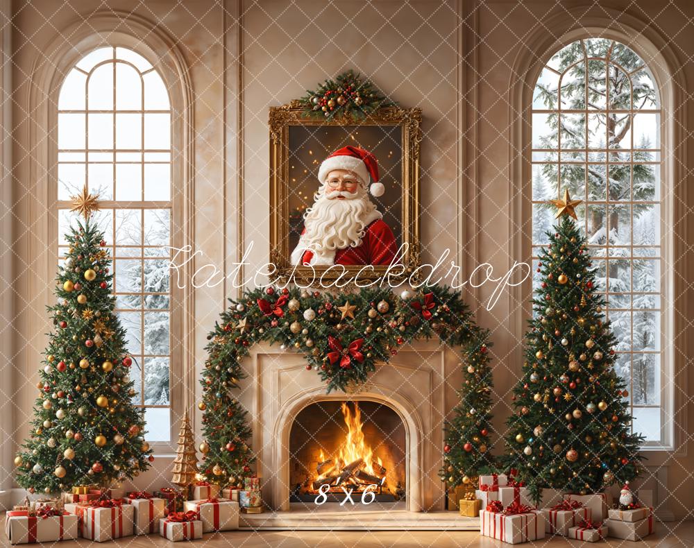 Kate Christmas Tree Fireplace Santa Claus Portrait Vintage Window Backdrop Designed by Emetselch