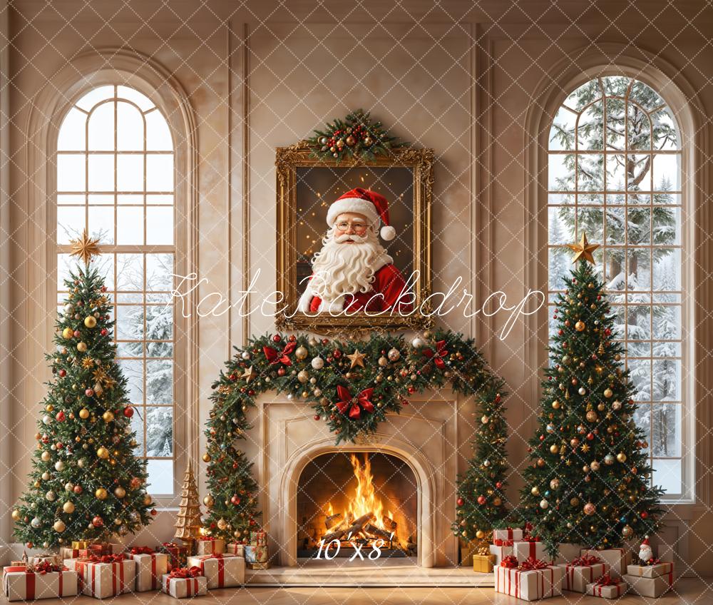 Kate Christmas Tree Fireplace Santa Claus Portrait Vintage Window Backdrop Designed by Emetselch