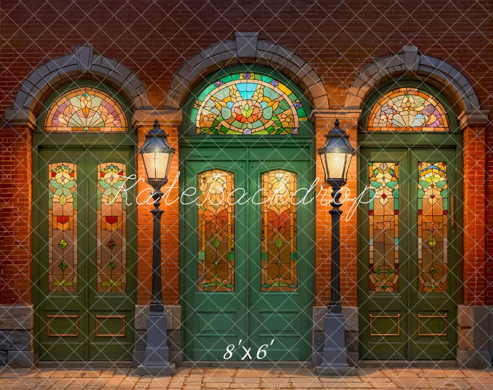 Kate Retro Green Door Stained Glass Window Street Backdrop Designed by Emetselch