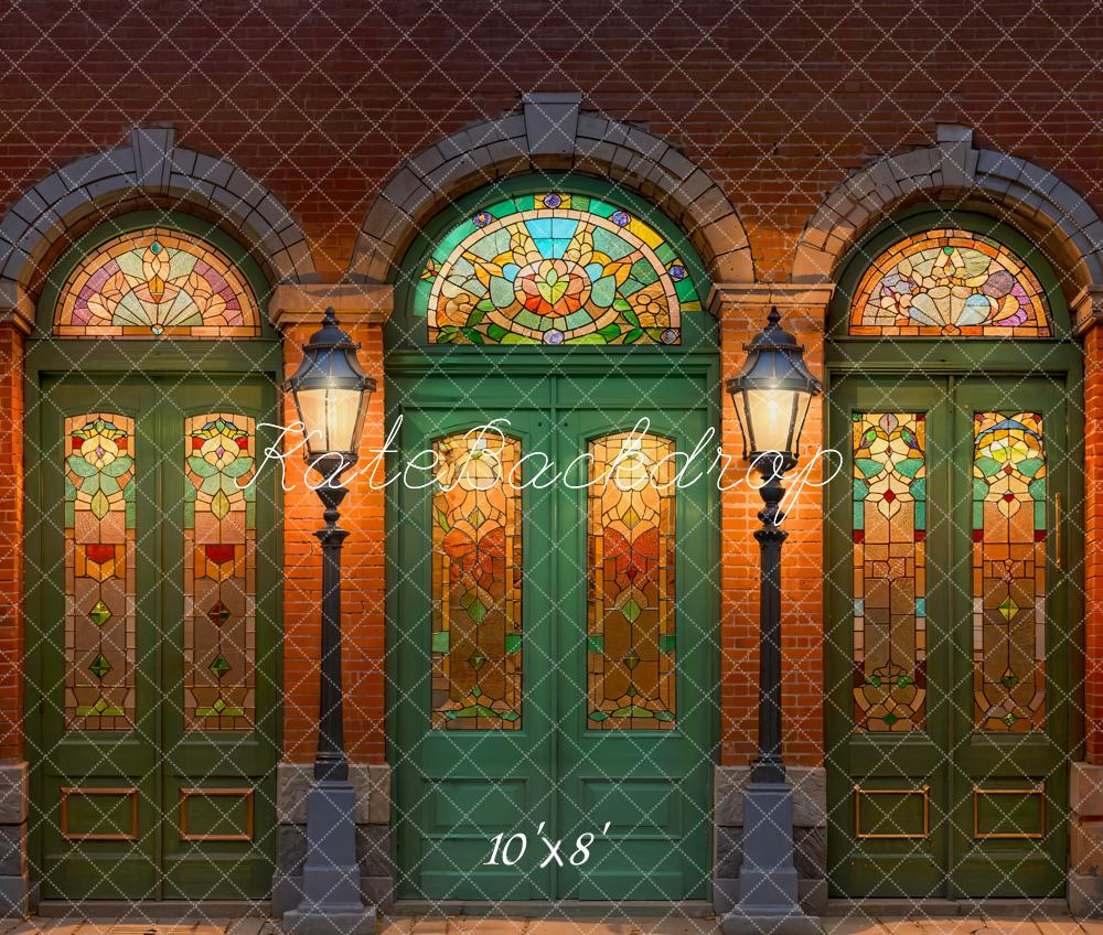 Kate Retro Green Door Stained Glass Window Street Backdrop Designed by Emetselch